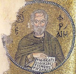 Ephrem the Syrian, Mosaic in Nea Moni, 11th cent. Source. The lines at the bottom are from Lk 6:21: "Blessed are those who weep now, because you will laugh."