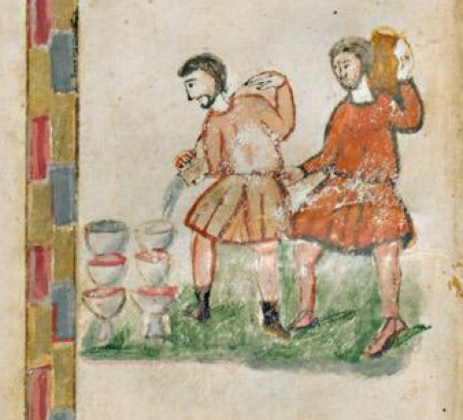 Rabbula Gospels, f. 5r. The servants filling the jugs with the water that will become wine.